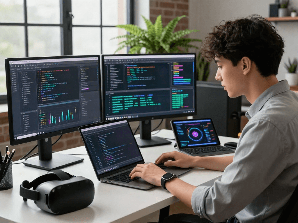 AI developer analyzing 18+ ai algorithms in a modern workspace, showcasing dual monitors and innovative tech.