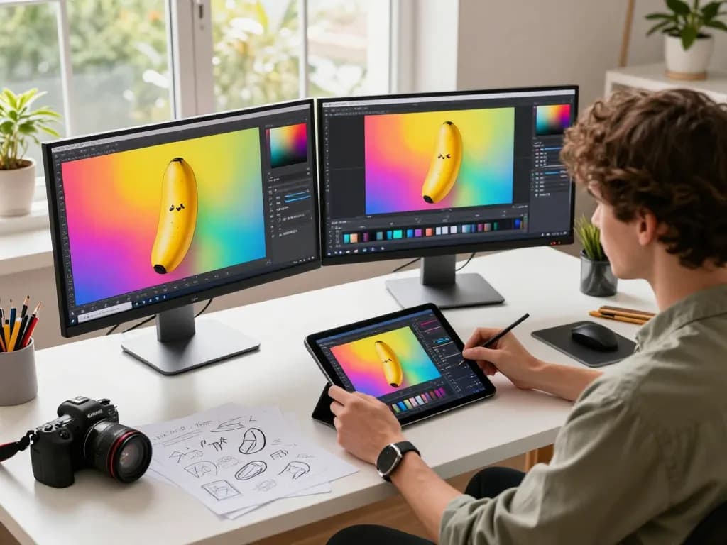 Designer utilizing nano banana flash technology for innovative AI image editing in a creative workspace.