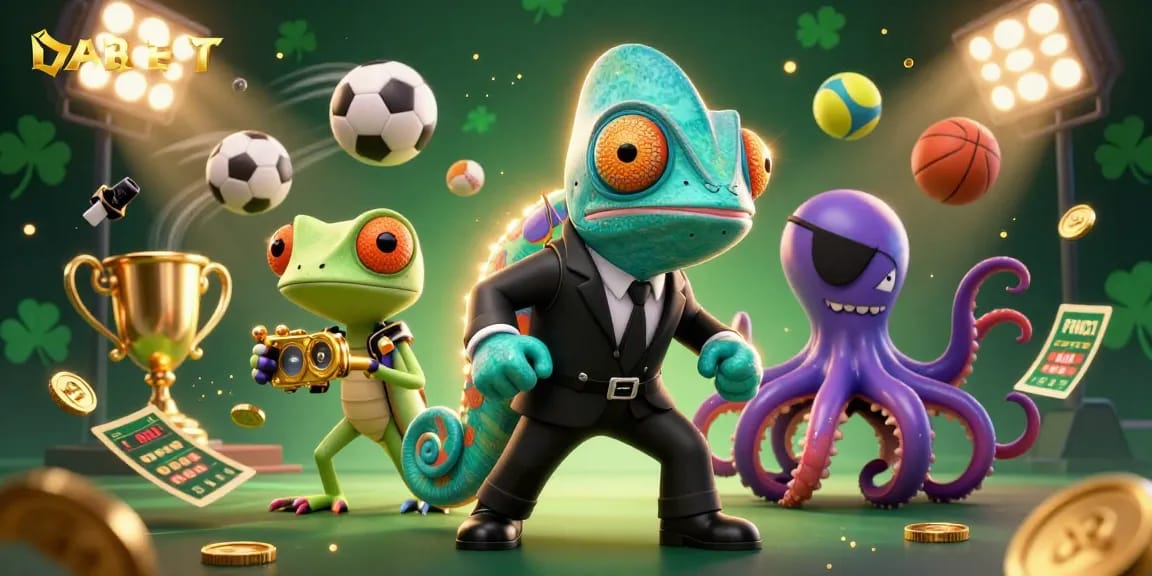 DABET presents an exciting scene with vibrant characters in a dynamic sports betting environment filled with coins and trophies.