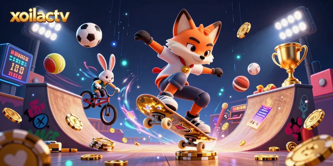 Experience the thrill of xoilactv with vibrant cartoon fox and rabbit amidst dynamic sports elements.