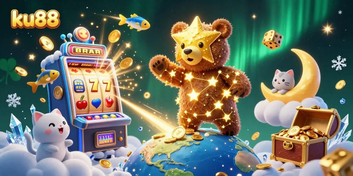 ku88 casino bear scoops up coins in a vibrant, dynamic gambling scene