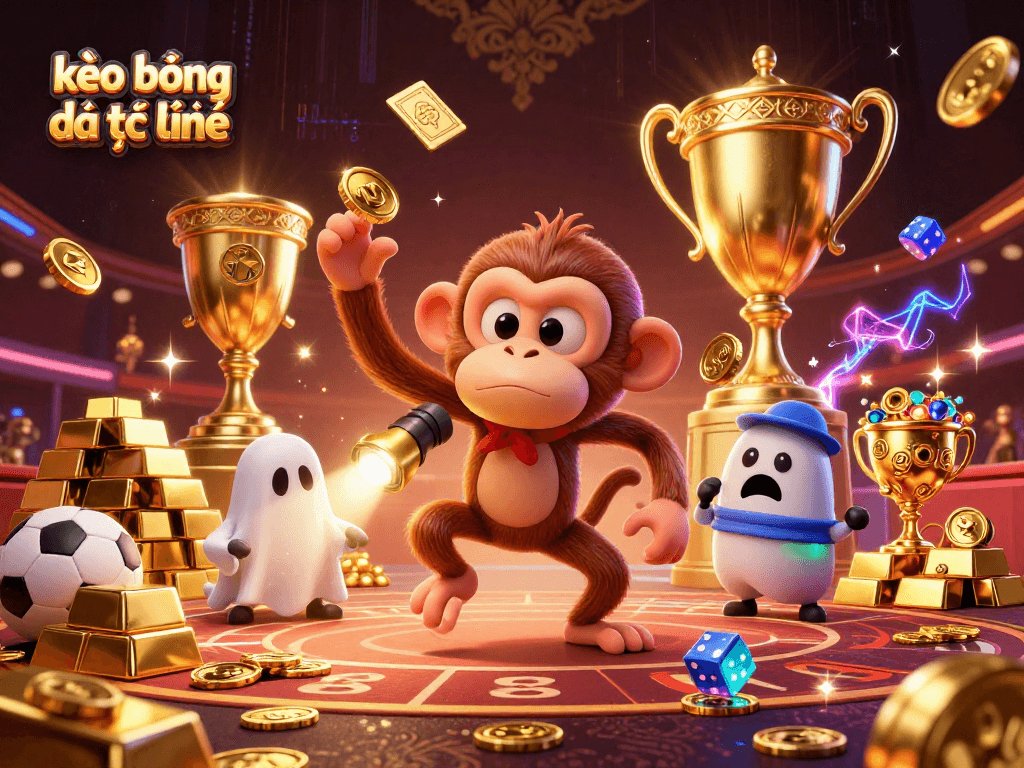 Engage with our lively kèo bóng đá trực tuyến scene featuring a playful poltergeist monkey and a curious puppy in a dynamic sports betting environment.