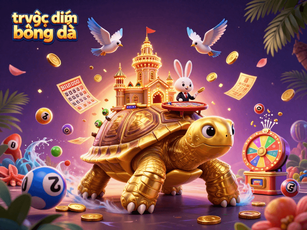 Experience trực tiếp bóng đá with a vibrant 3D scene, featuring golden tortoise and energetic elements.