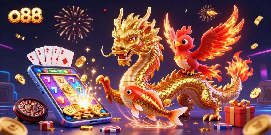 Experience the excitement of o88 with dazzling visuals featuring a dragon, phoenix, and koi fish among vibrant slot games.
