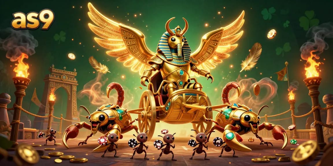 Experience thrilling gambling action as as9, the colossal scarab, leads the betting with poker chips in hand.