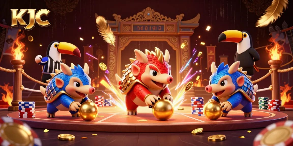 Experience KJC action with rival pangolins battling in a vibrant casino scene filled with poker chips.