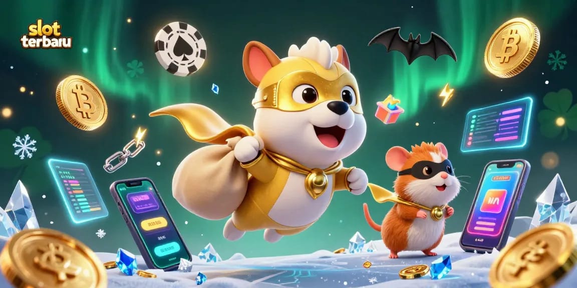 Experience slot terbaru with engaging cartoon hero characters in a lively casino-themed illustration.