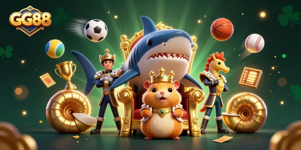 GG88 offers thrilling gaming opportunities with a lavish hamster king surrounded by vibrant sports elements.