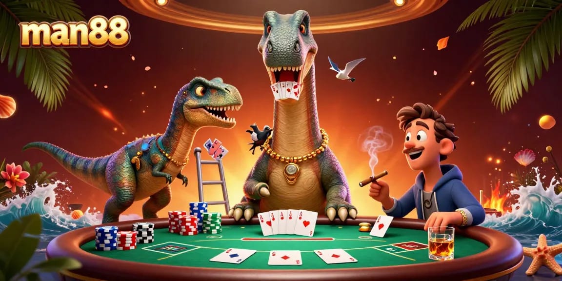 Experience the excitement of man88 gaming as a giant brontosaurus oversees a poker game.