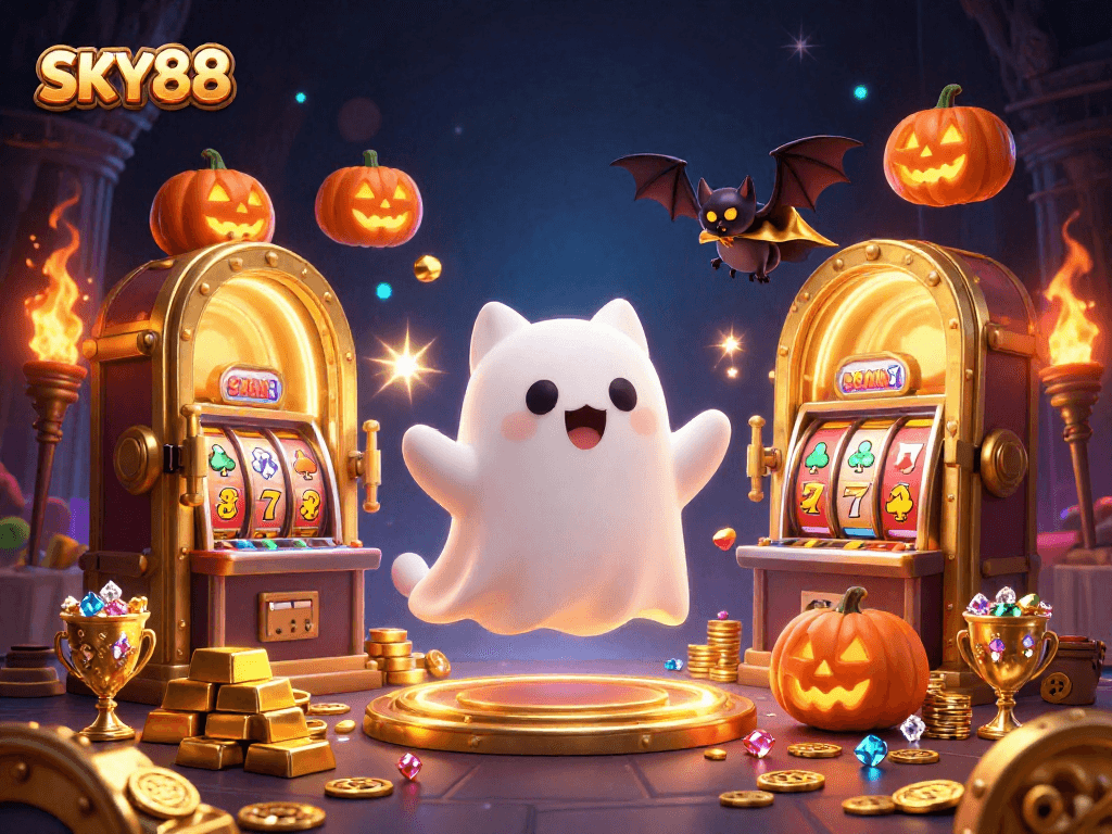 Sky88 casino scene with a ghost cat, vampire bat, and glowing jackpots.