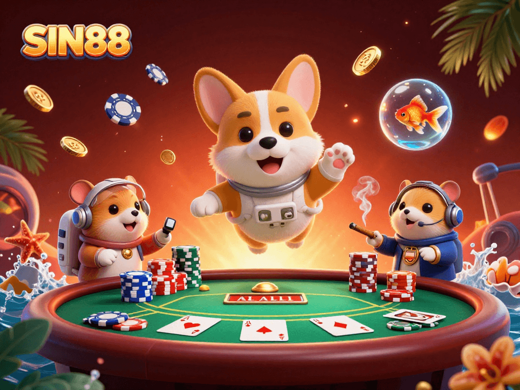 Experience vibrant casino action with SIN88 as a corgi astronaut plays poker in zero gravity.