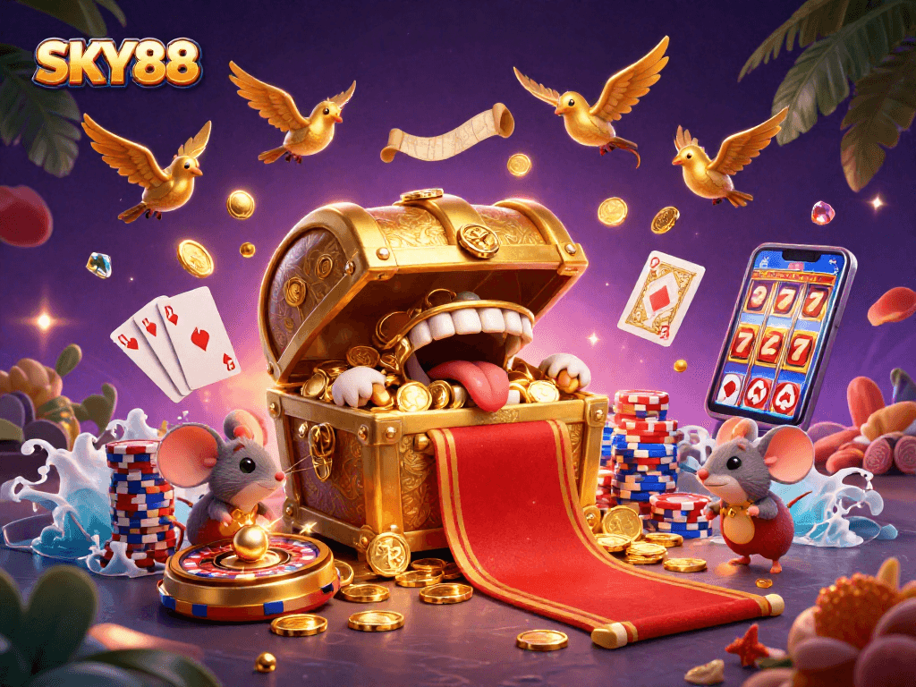 SKY88 offers an immersive gaming experience with vibrant slot machines and thrilling casino elements.