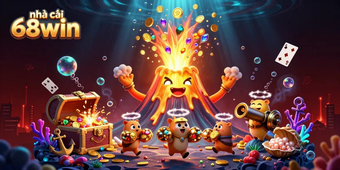 Play and win at nhà cái 68win with vibrant underwater gambling-themed illustration featuring a golden volcano and treasure.