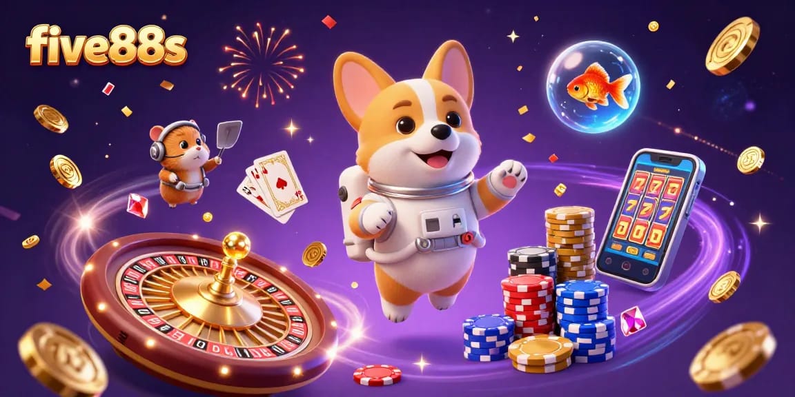 Experience exciting gaming at five88s with a floating 3D astronaut corgi in a space casino.