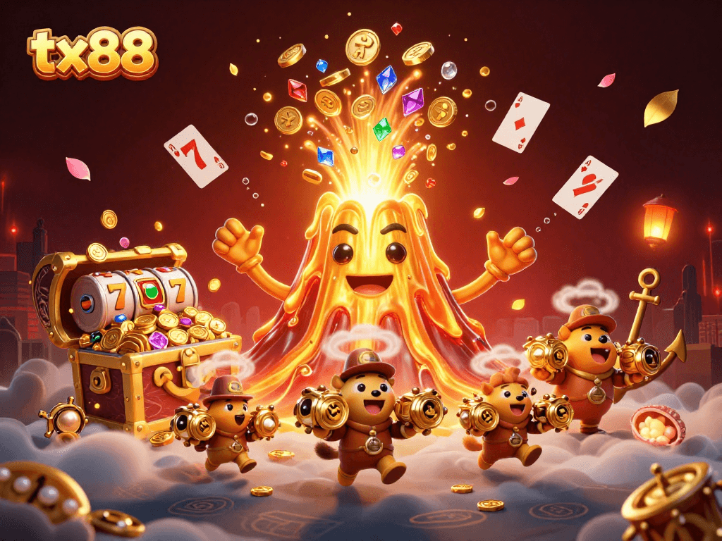 Engage with exciting tx88 gameplay featuring golden volcano erupting coins, vibrant treasures, and a lively casino ambiance.
