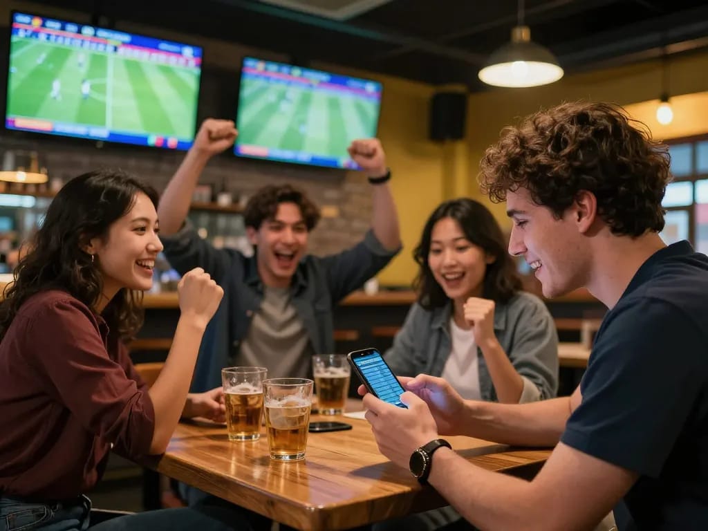 Excited sports fan engaging in live betting on luongsontv while watching football matches in a lively setting.