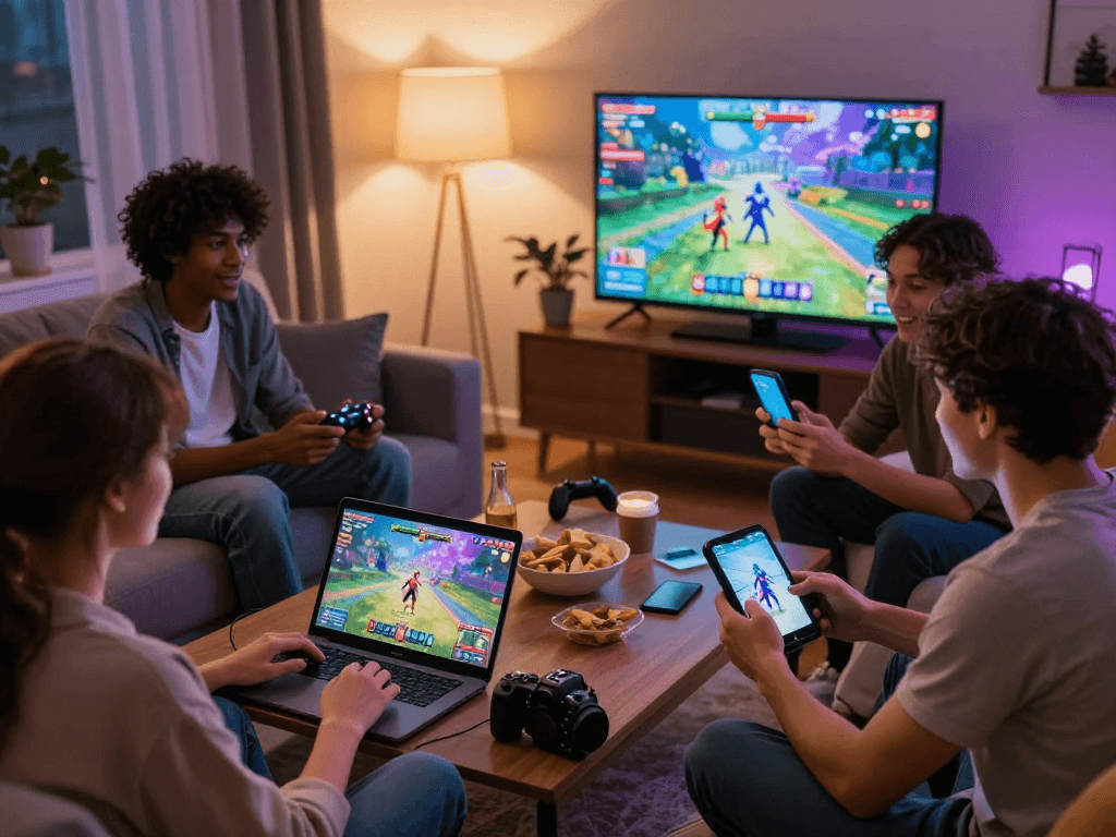 Engaged players enjoying diverse porn games online in a cozy living room setting.