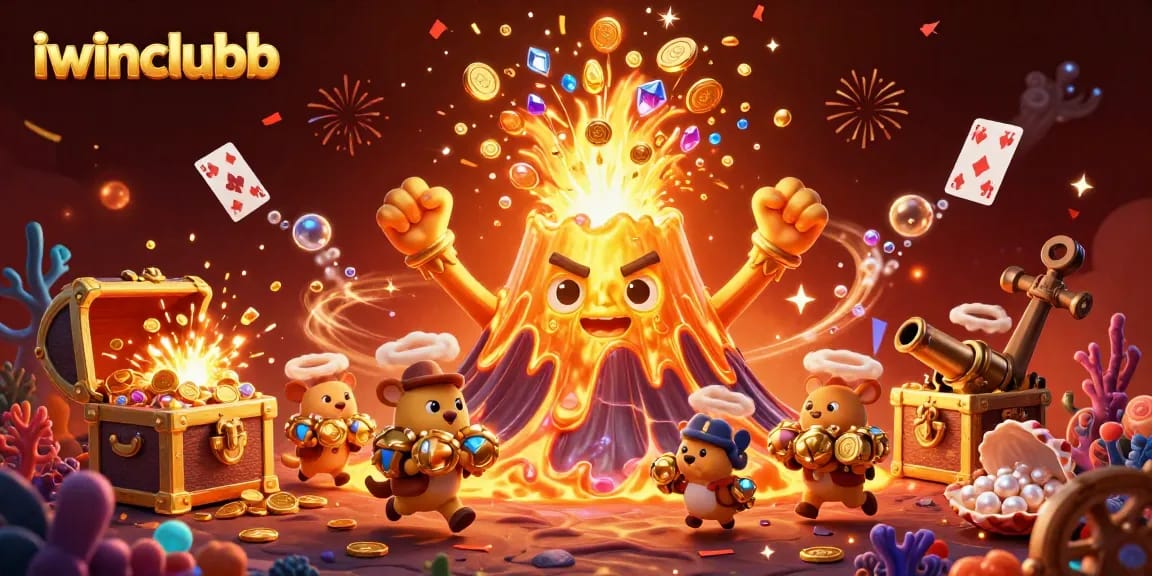 Play and win at iwinclubb with vibrant treasures and exciting casino elements in this illustration.