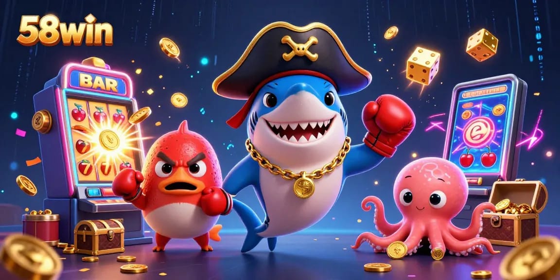 Experience excitement with 58win's vibrant casino scene featuring a shark, pufferfish, and octopus.