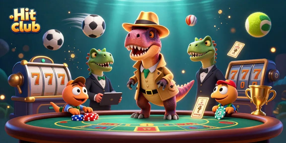 Hit club action scene featuring a cartoon velociraptor at blackjack with intricate casino elements.