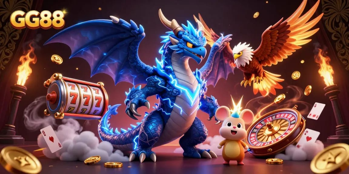 GG88 interactive gaming scene featuring lightning dragon, slots, and dynamic roulette wheel elements.