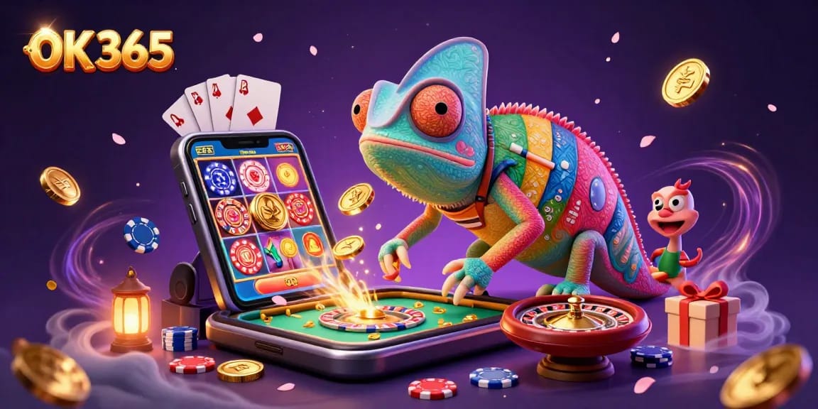 Engage with OK 365's vibrant casino scene featuring a chameleon owner and dynamic gaming elements.