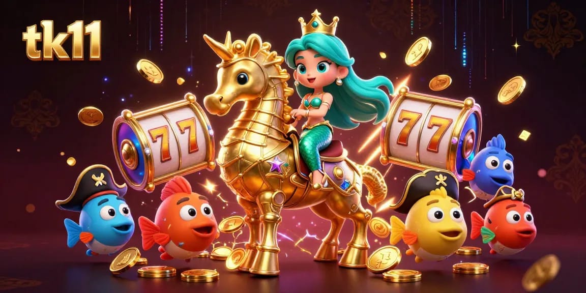 Engage with tk11's thrilling gaming experience featuring a mermaid princess, giant seahorse, and casino elements.