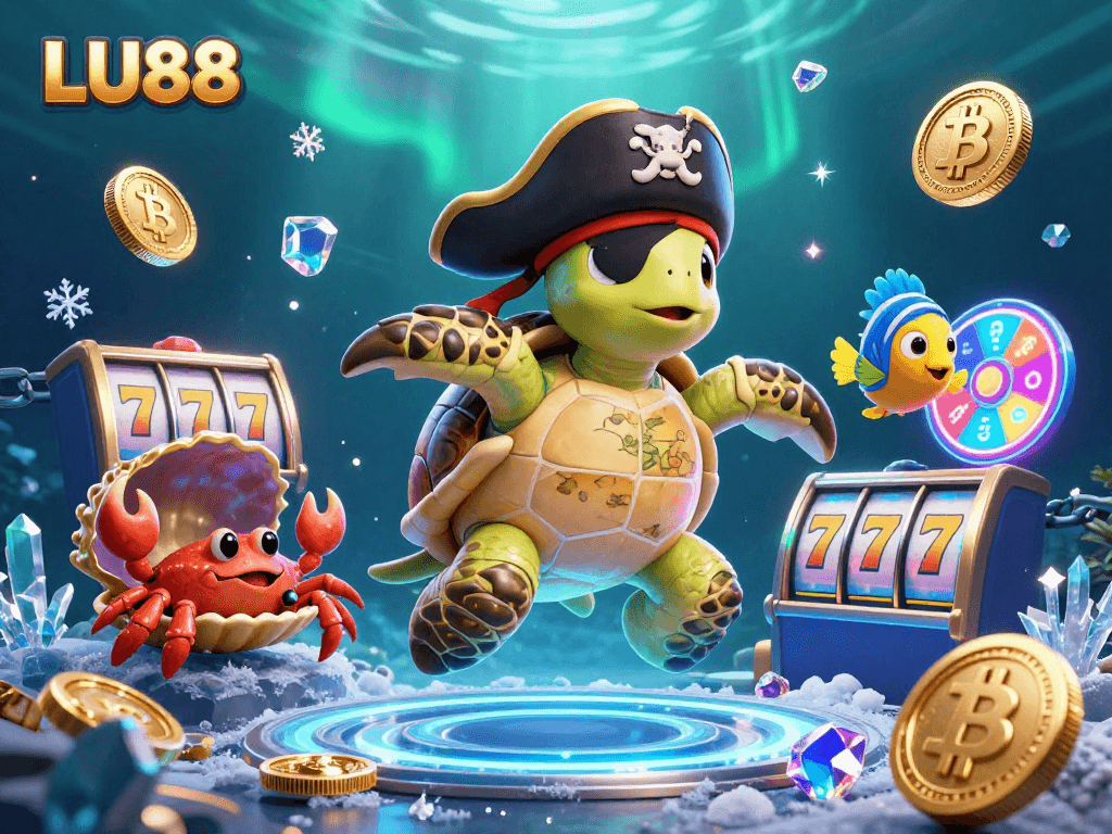 LU88 showcases a 3D cartoon pirate turtle amidst animated slot reels and crypto coins for an engaging gaming experience.