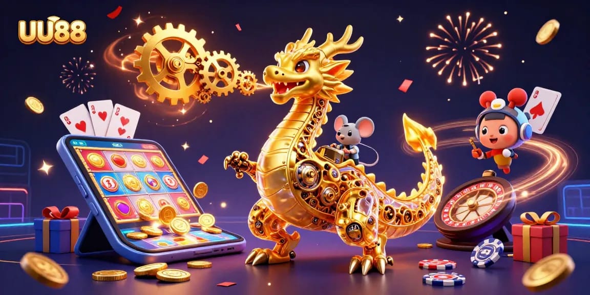 Experience exhilarating winnings with UU88 in a vibrant 3D casino scene filled with games and rewards.