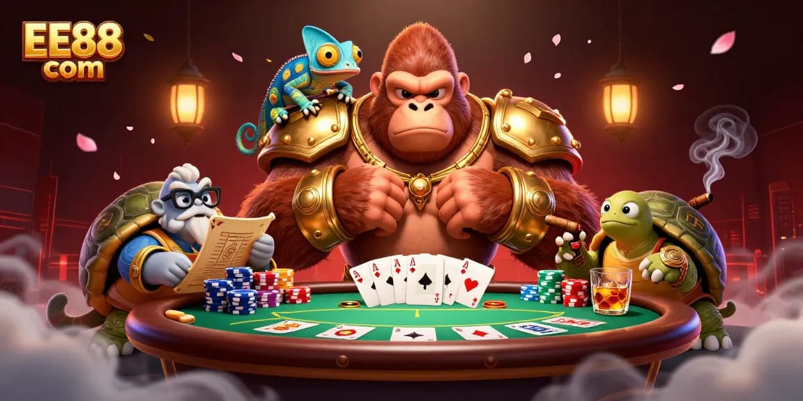 Engage with the excitement of EE88 com, a powerful gorilla king leads a vibrant casino scene filled with poker elements.