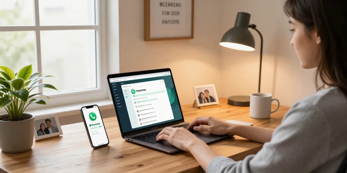 User working on WhatsApp電腦版 in a modern home office, featuring laptop and smartphone notifications.
