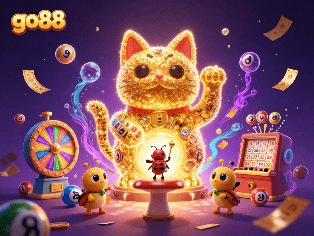 Experience excitement with go88's vibrant casino-themed digital illustration featuring a lucky cat and game elements.