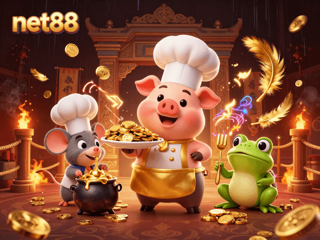 net88 casino gaming scene with chef pig, mouse, and frog creating excitement