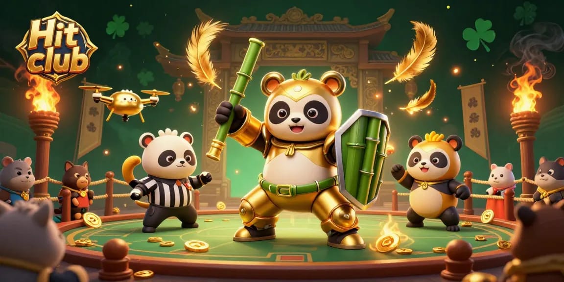 Experience the thrill of Hit club with dynamic battle between a golden panda robot and cheering spectators.