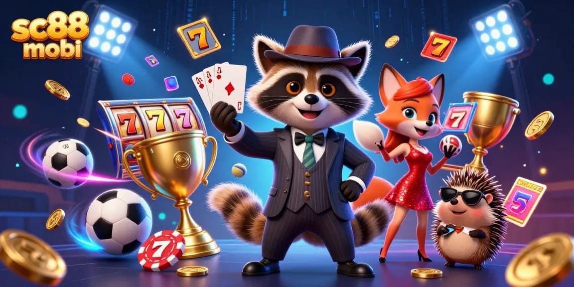 Engage with thrilling gambling action on sc88 mobi, featuring raccoon with royal flush, slots, and dynamic game elements.