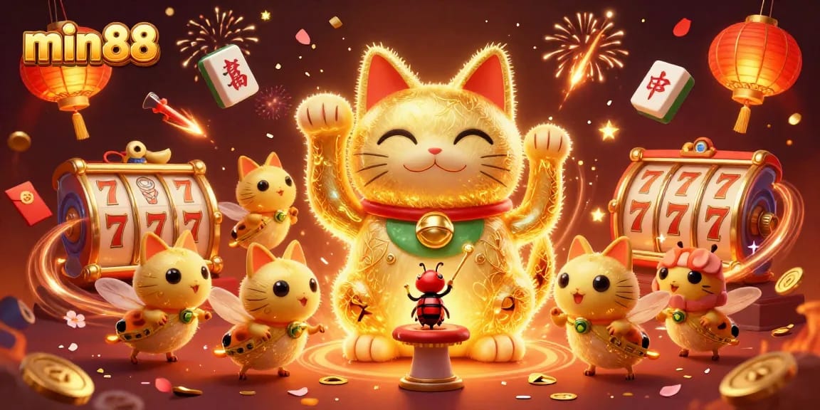 Experience the luck of min88 with a vibrant 3D illustration of a lucky cat symbolizing a bustling casino atmosphere.