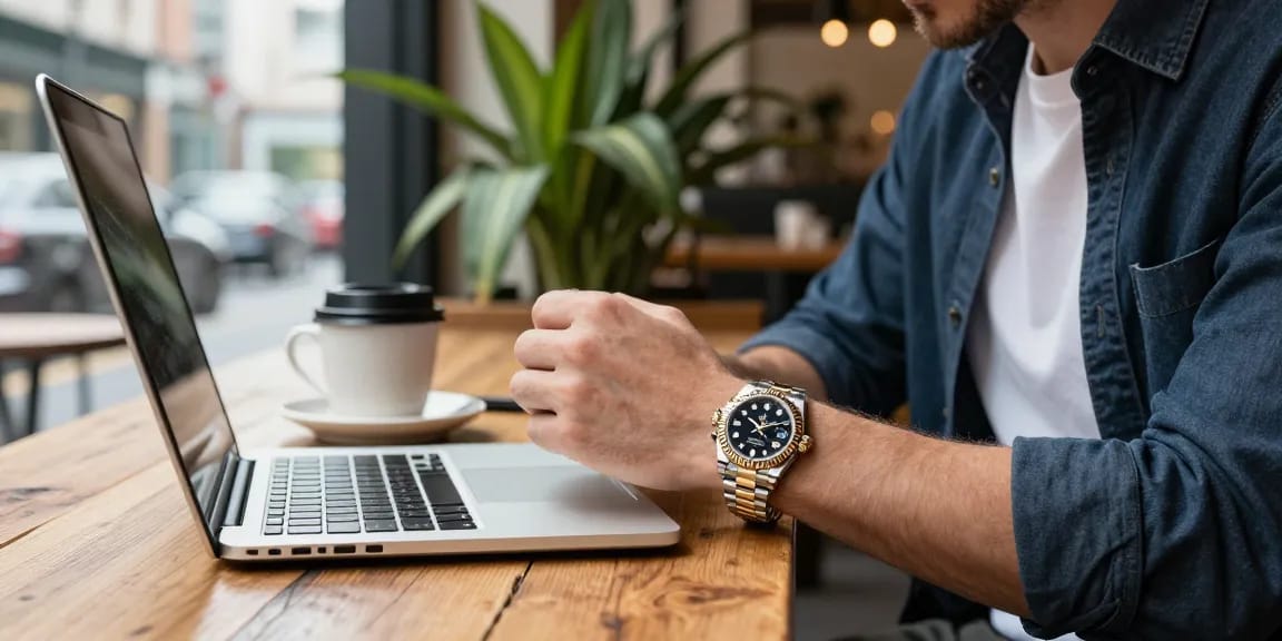 Admiring rolex super clone watches in a chic café setting, showcasing luxury details.