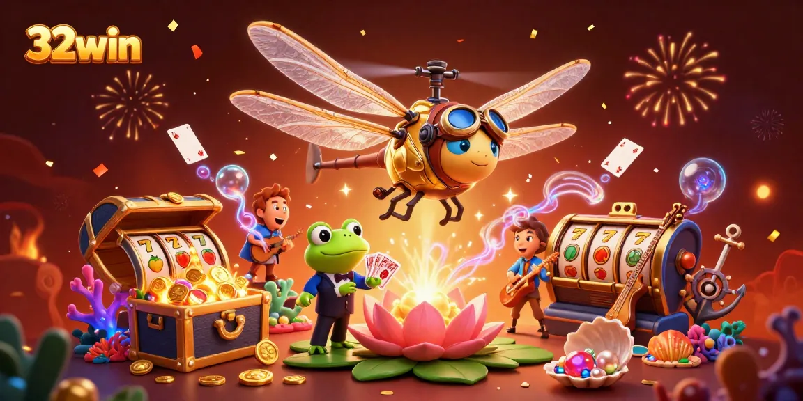 Engage in thrilling casino games with 32win through a vibrant 3D dragonfly and frog scene.