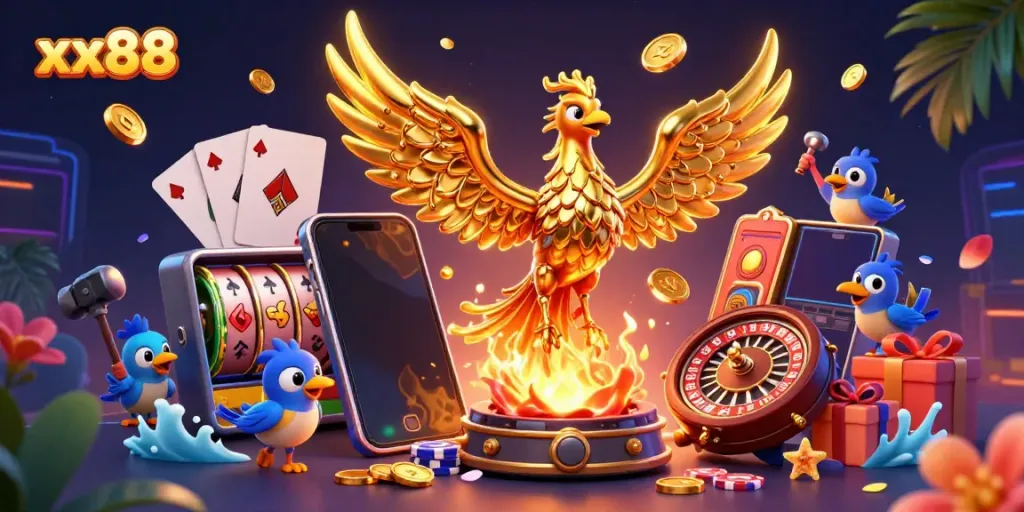 Engage with exciting xx88 slot game adventures featuring golden phoenix and vibrant casino elements.