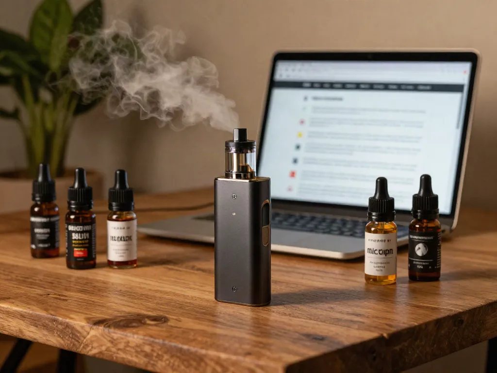 Vaping setup showcasing what is a nic salt with e-liquid bottles and a sleek device