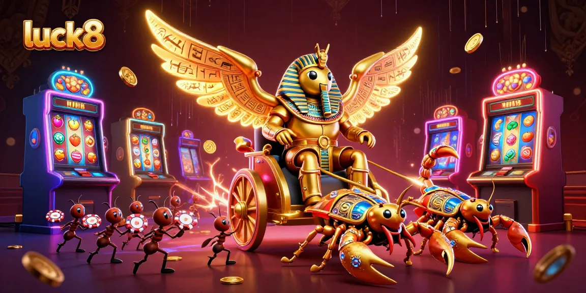 Engage with luck8's thrilling slots, featuring a golden scarab beetle in an exciting casino setting.