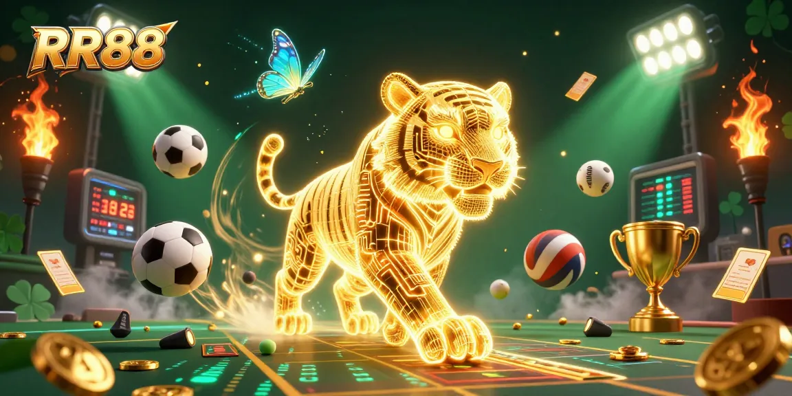 Experience RR88 with an ultra-detailed 3D casino illustration featuring a golden tiger and dynamic game elements.