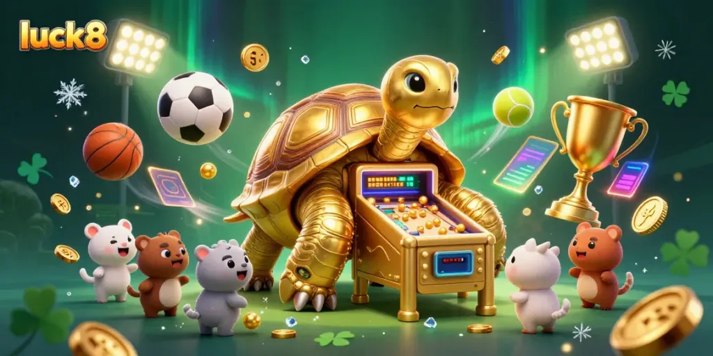 Experience thrilling excitement at luck8 with a 3D cartoon golden tortoise pinball machine amid dynamic sports elements.