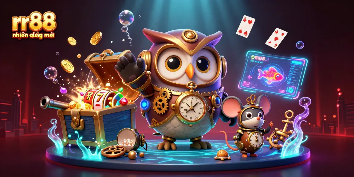 Engage with rr88 hiện đang mở, showcasing a vibrant casino scene with a time-traveler owl and slot game elements.