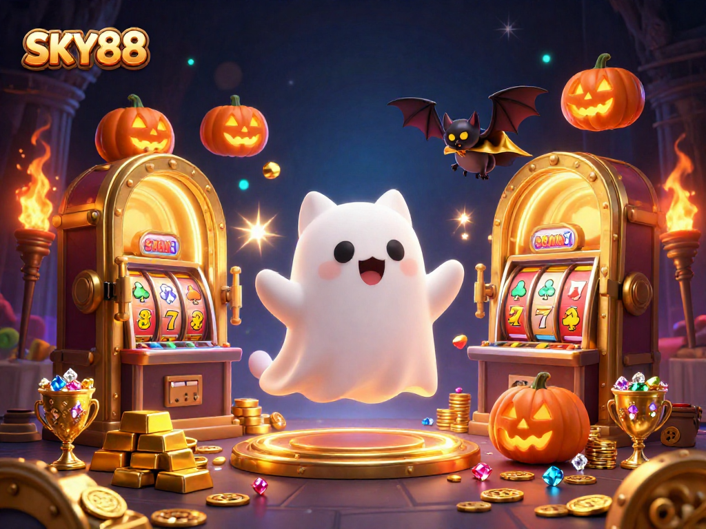 Sky88 casino scene with a ghost cat, vampire bat, and glowing jackpots.