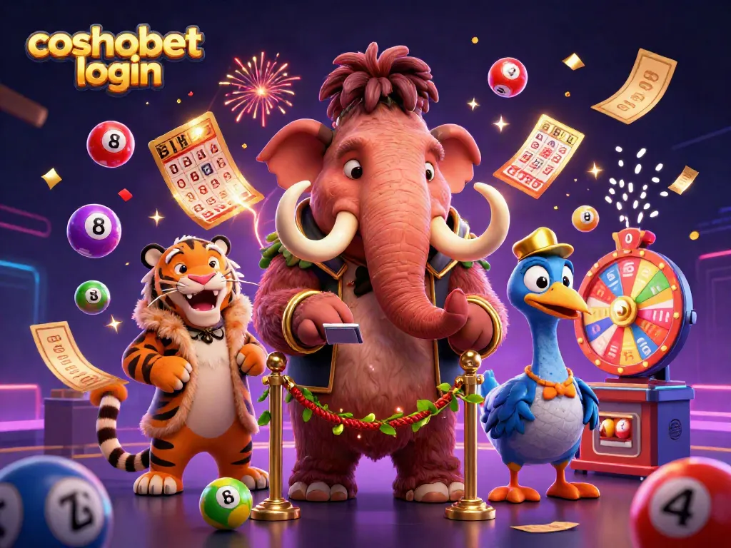Join the action at Cosmobet login while celebrating with dynamic lottery elements and casino characters.