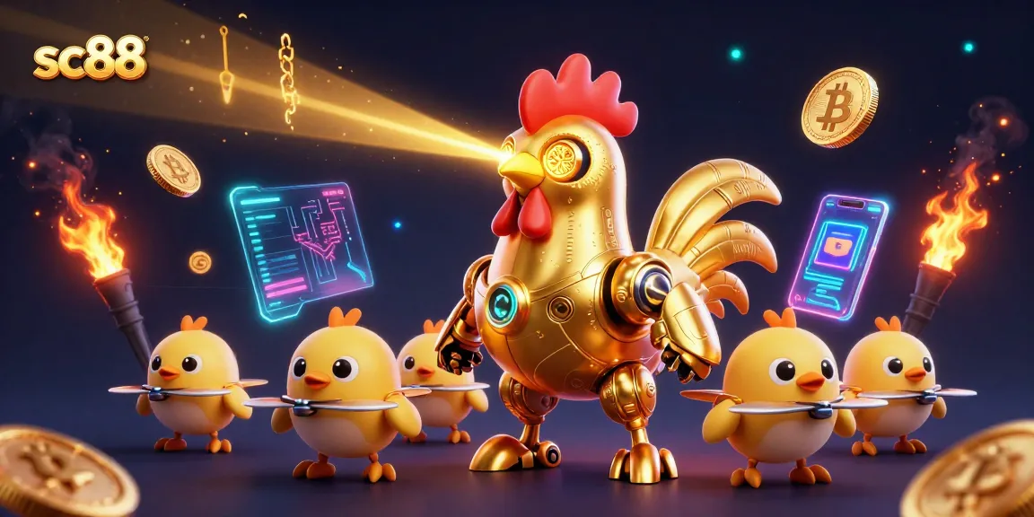 Engage with sc88's thrilling entertainment, featuring laser-shooting rooster robot and vibrant crypto elements.