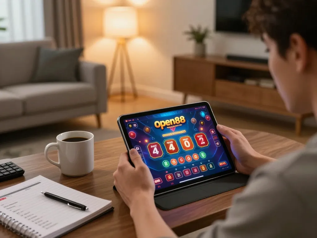 Engaging in online casino gameplay on open88 platform through tablet in a cozy living room.