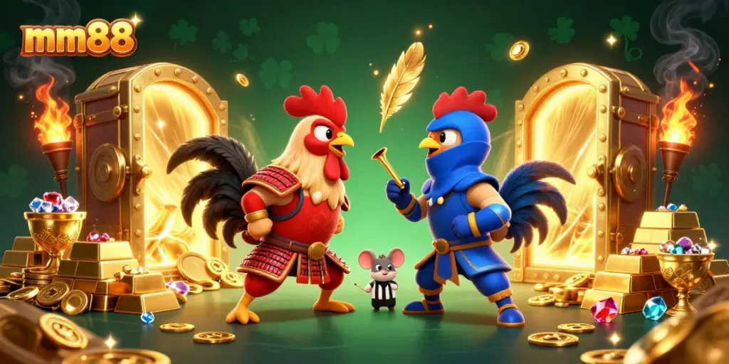 Engage in thrilling mm88 action as fighting roosters clash, surrounded by treasures and vibrant casino elements.