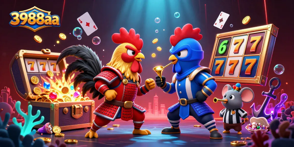 Dive into 3988aa with dynamic twin roosters in battle, showcasing slots and vibrant casino elements.